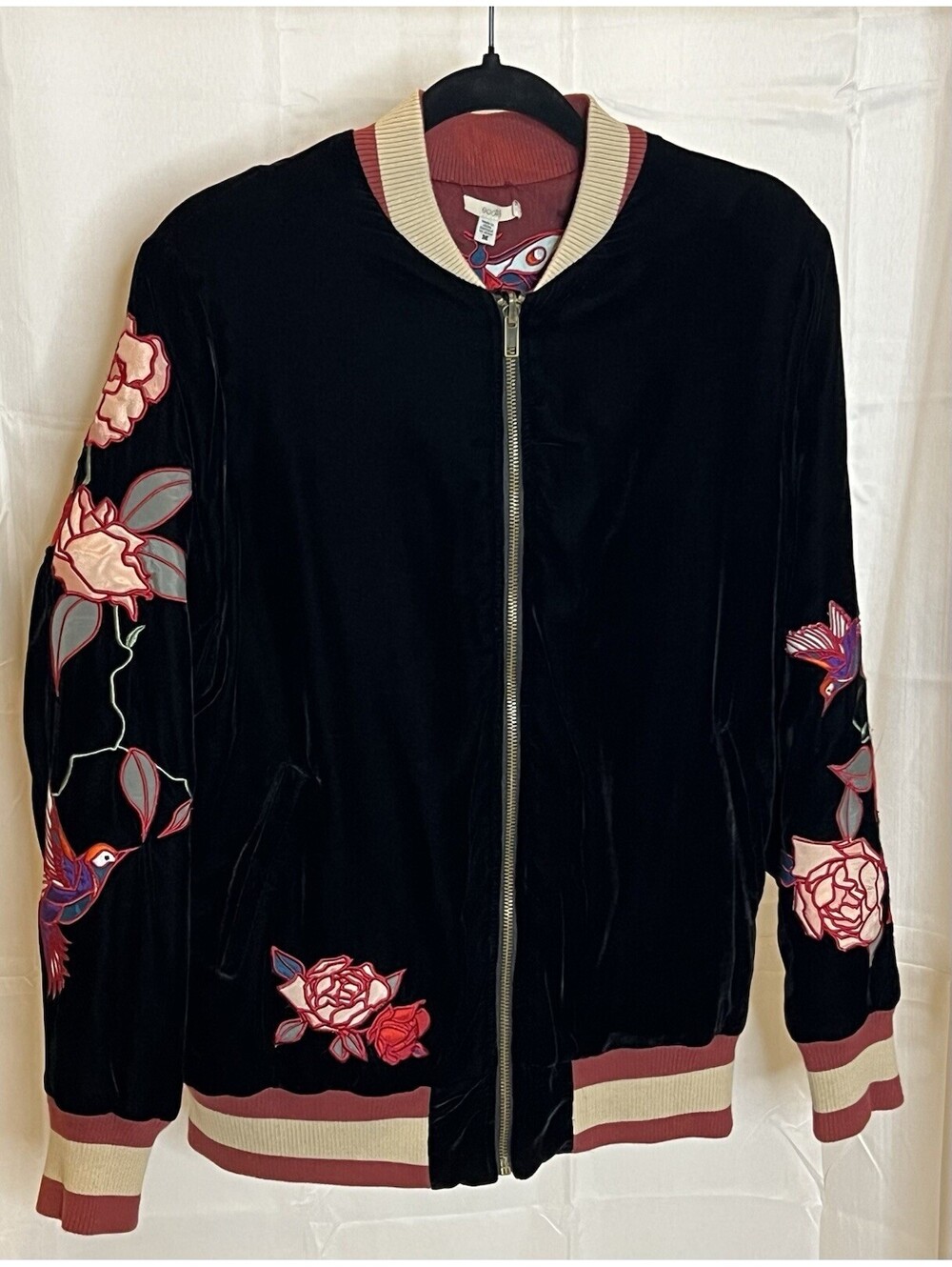 Ecoté Reversible Velvet Satin Embroidered Bomber Jacket Snake Floral Women’s Med